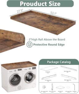 Wasdroger Aanrechtblad met Randrails - Houten Werkblad voor Wasmachine en Droger - 27,5 Inch Diepte x 54 Inch — thumbnail 2