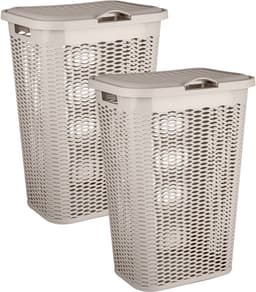 Plasticforte Wasmand Ventilation - 2x - met deksel - beige - kunststof - 51 liter - 43 x 35 x 61 cm - Badkamer - Wasgoed - Nieuw design - Zeer stevig — thumbnail 1
