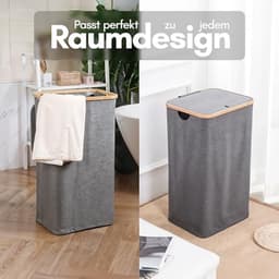 Wasmand met Deksel en 2 Vakken - 100L Grijs - Smal & Hoog - Wasverzamelaar met Bamboeframe — thumbnail 5