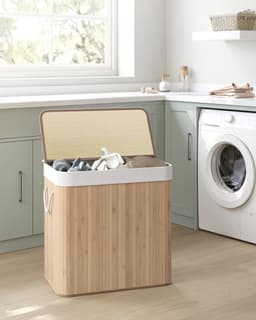 Wasmand, 150L, wasbox met deksel, wassorteermachine, van bamboe, met handvatten, 3 compartimenten, opvouwbaar, katoen, waszak machinewasbaar, wasruimte, Natuurlijke kleur bamboe, LCB091N01 — thumbnail 3