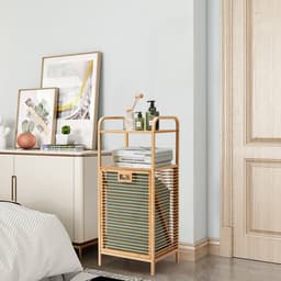 COSTWAY Badkamermeubel met schommelwasmand en 2 opbergplanken, afneembare Oxford-voering, voor woonkamer, keuken van bamboe en canvas (40,5 x 33 x 95,5 cm) — thumbnail 4