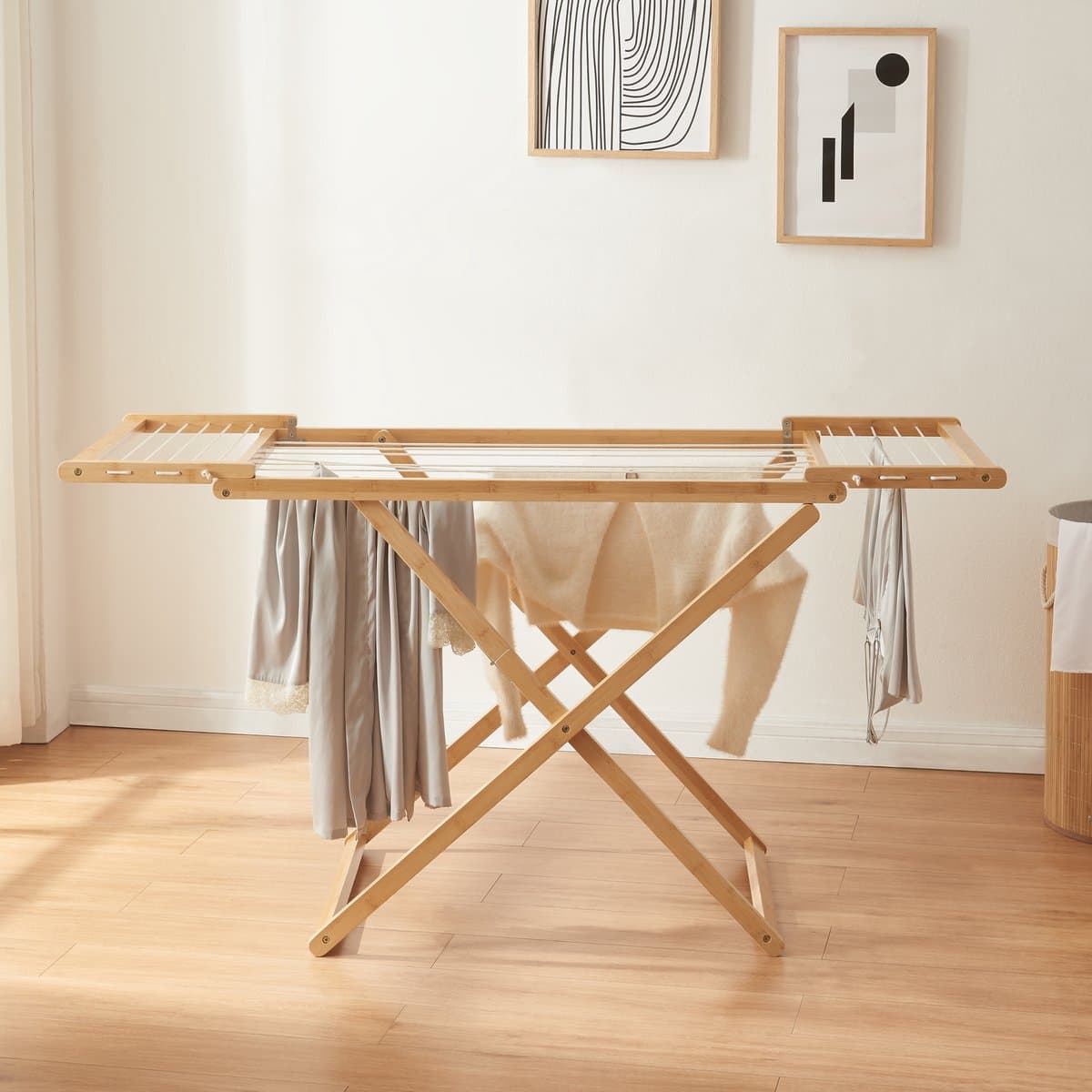 Droogrek Fakala wasrek staand inklapbaar 154x59x82 cm naturel en wit [en.casa] — afbeelding 1