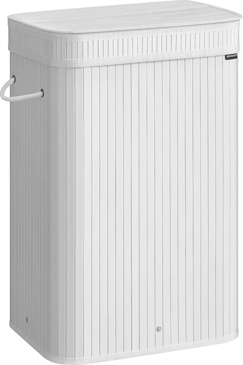 SONGMICS Wasmand met deksel, wasmand van bamboe, afneembare en machinewasbare waszak met handgrepen, 72 liter, voor wasruimte, slaapkamer, woonkamer, wolkwit — afbeelding 1