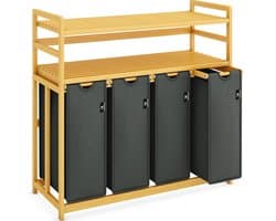 Premium wasmand 200 liter met 4 vakken en bamboe design - Stijlvolle wassorteerder voor elke ruimte