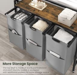 Varnox Wasmand kastje - Wasmandkastje - Tafel met wasmand - Wasmand met 3 vakken - Wassorteerder - Wasmand tafel - Badkamerkast - Wasmand meubel - Waszak - Wasmand rek - Dark oak - Op wielen - Zwart metaal — thumbnail 5