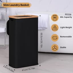 60 liter wasmand met deksel en handvat - Opvouwbaar en afneembare binnenzak - Smal ontwerp voor slaapkamer, badkamer en wasruimte (zwart) — thumbnail 3