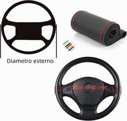 Stuurhoes voor auto - Zacht leer, 38 cm - Zwart leer met rode draad — thumbnail 2