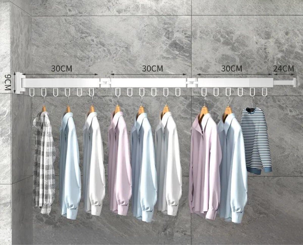 Wanddroogrek Inklapbaar 18 Haken - Droogrek Muur Wandmontage Ophangbaar - Clothes Rack Uitschuifbaar + Montage Kit - Wit — afbeelding 1