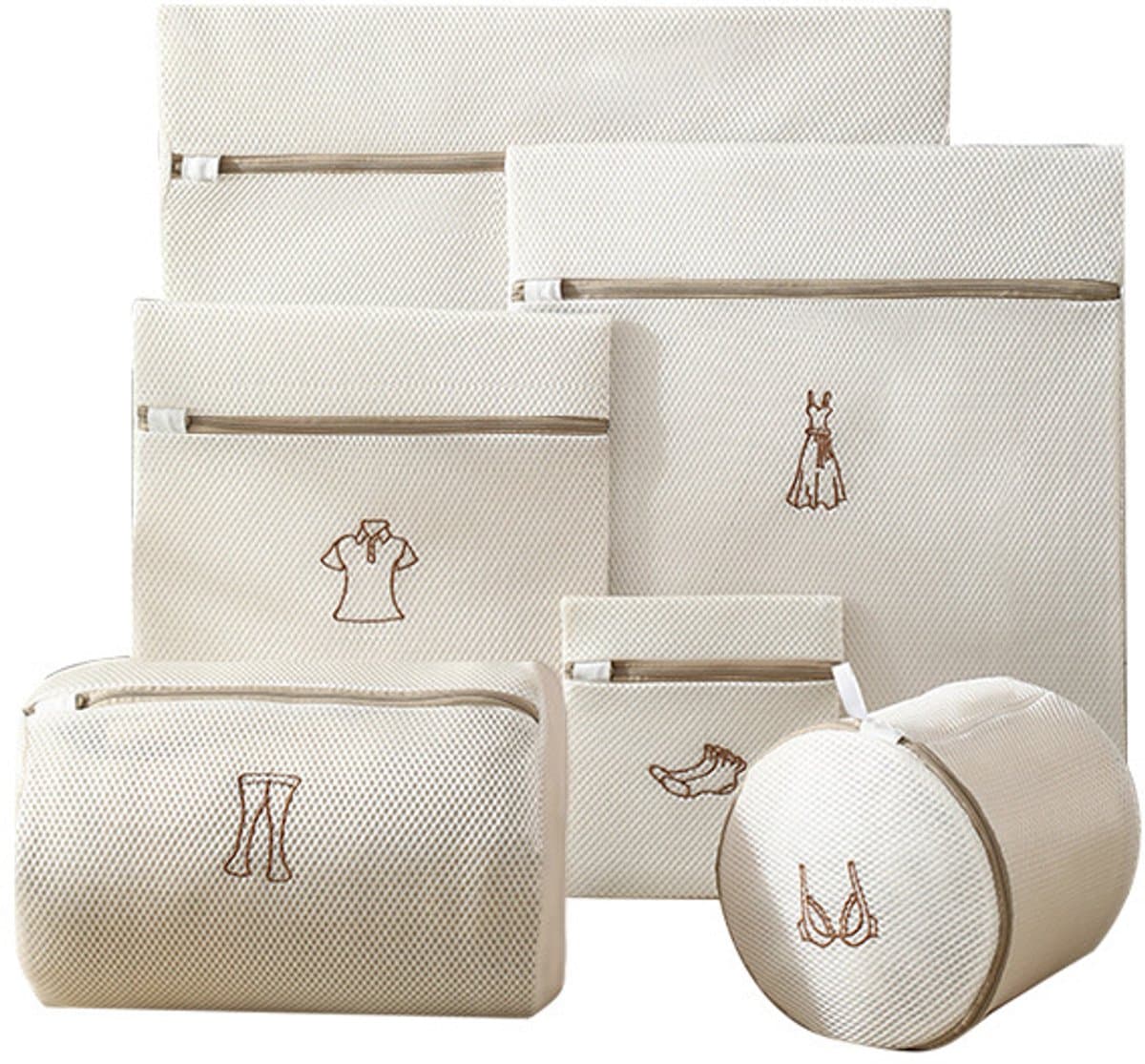 Waszakken - Waszakken Set - Wasnet - Wasnetjes - BH waszak - Lingerie waszak - Kledingbescherming - Wasmachine - Bescherming - Organizer - Travel Organizer - Mesh - Fijnmazig - Honeycomb - Luxe - Borduurwerk - Beige - Set van 6 — afbeelding 1