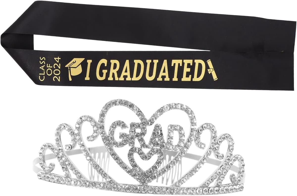 1set Afstuderen Sash Kroon Glitterende Afstudeerkleding Met Unieke Ontwerpen Geschikt Afstudeerceremonie Inclusief Zilveren Kroon Zwarte Sash — afbeelding 1