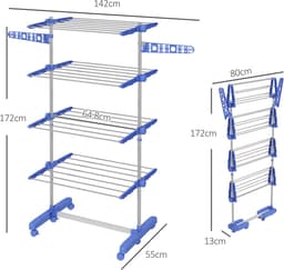 Droogtoren – 142 x 55 x 172 cm – Inklapbaar Met 6 Wielen – Roestvrij Staal – Blauw – Voor Binnen — thumbnail 5