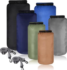 Set van 6 waterdichte droogtassen, combinatie van waterdichte tassen, lichtgewicht, 20 l, 15 l, 10 l, 8 l, 5 l, 3 l, verstelbare schouderriem voor kajakken, wandelen, kamperen, Donkere kleur, 20L, 15L — thumbnail 1