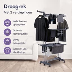Waskrek - Torendroogrek - Kleding Drogen - Opvouwbaar met Wielen - 45 x 75 x 173 cm - Zwart — thumbnail 3