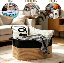 Gevlochten, 50 l, opbergmand met handgrepen, wasverzamelaar, handgemaakt, mand opslag voor dekens, speelgoed, knuffeldieren, kleding, 46 x 36 x 30 cm, zwart + kaki — thumbnail 5