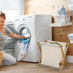 Wasmand Hout - Opvouwbare Mand - Was Opbergen - Verhoogd Bodemontwerp - 40 x 30 x 38 cm - Khaki Wit — thumbnail 2