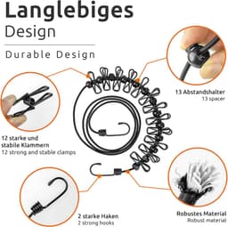 2x draagbare waslijn buiten met knijpers, outdoor-drooglijn elastisch Zwart wasdraad uittrekbaar camper accessoires — thumbnail 4
