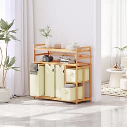 DREAM Wasmand met 5 vakken, 2 planken, wasverzamelaar, 190 liter, wasboxen met mand, wassorteerder met 3 waszakken en 2 stoffen boxen, waszak, bamboe, wasrek, wasmand, beige — thumbnail 4