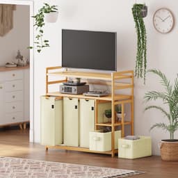 DREAM Wasmand met 5 vakken, 2 planken, wasverzamelaar, 190 liter, wasboxen met mand, wassorteerder met 3 waszakken en 2 stoffen boxen, waszak, bamboe, wasrek, wasmand, beige — thumbnail 2