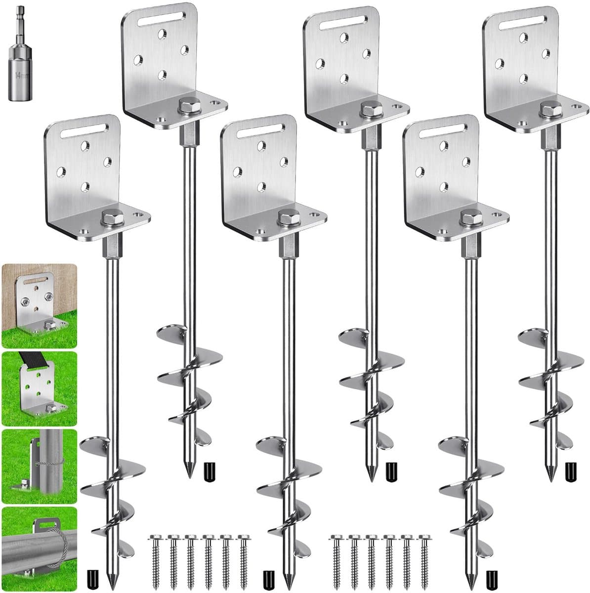 SnelShoppen - 6 stuks 76 cm Grondankers Schroef met L-Beugel voor Trampoline, Swing Set, Tent, Luifel, Carport - Taps Toelopende Spiraal Ankers 2,8 In — afbeelding 1