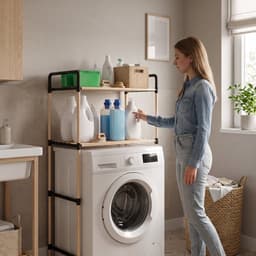 INDECOR Wasmachine Organizer Rek - Wasmachine Opbergrek met 2 Planken - Badkamer Opbergrek - Bovenbouwrek voor Wasmachine - Houten Opbergrek - 65 x 35 x 100 cm - Naturel/Zwart — thumbnail 4