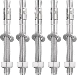 5 stuks expansieankers, 1/2 inch x 5 inch roestvrijstalen ankerbouten voor beton, robuuste standaard bevestiging voor muurbevestiging van cement (inclusief sluitringen, zilverkleurig) — thumbnail 1