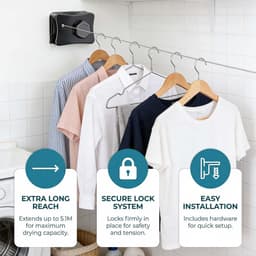 Intrekbare Waslijn - Wandwaslijn Droogrek - Kleding Drogen - Niet-doorhangend Mechanisme - 5.1 Meter - Zilver — thumbnail 2
