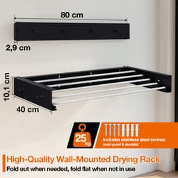 80 cm Wanddroogrek Inklapbaar - Droogrek Inklapbaar - Wasrek Hangend - Uitklapbaar - Muur - Ophangbaar - Incl. 4 Handdoek Haakjes - Draagkracht 25 kg - Zwart — thumbnail 2