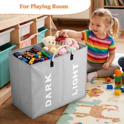 opvouwbaar, 2 vakken, 60 l, opbergtas met handvat, wasmand van Oxford, 600D, waterdicht, kleding voor slaapkamer, hotel, slaapzaal, 53 x 23 x 53 cm, grijs — thumbnail 2