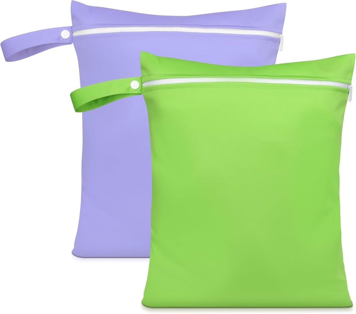 2 Stuks Wet Bags, Waterdicht Waszak met Handvat & Rits, Herbruikbare Stoffen Luier Natte Zak, Natte Dry Bag voor Natte Zwemkleding, Sportschool, Strand(Groen & Paars) — afbeelding 1