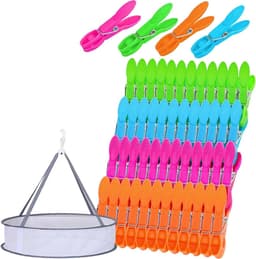 Wasknijpers Set - Kledingklemmen Clips - Kleding Drogen - Met Mand - 7.3 x 1.4 cm - Rood Groen Blauw Roze — thumbnail 1