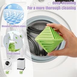 Verpakking van 4 herbruikbare antistatische wasballen, 65*58*60 mm, geschikt voor wasverzachter in de wasmachine. Het gestructureerde oppervlak voorkomt dat kleding in de knoop raakt en verbetert het reinigingseffect (geel, paars, groen, wit). — thumbnail 2