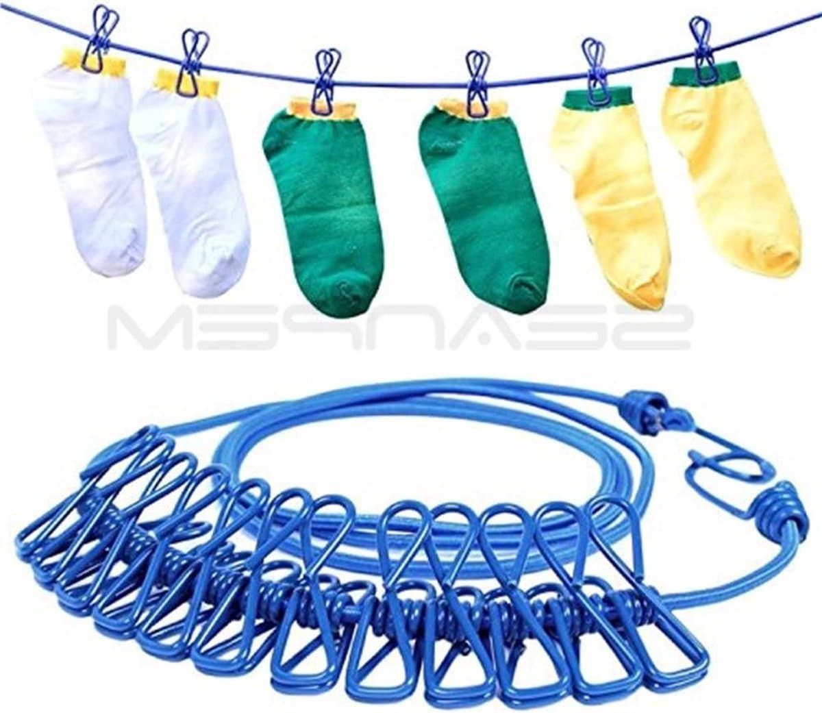 Elastische Kledinglijn - Draagbare Waslijn - Reizen en Outdoor - Met 12 Knijpers - Tot 380 cm - Blauw — afbeelding 1