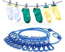 Elastische Kledinglijn - Draagbare Waslijn - Reizen en Outdoor - Met 12 Knijpers - Tot 380 cm - Blauw