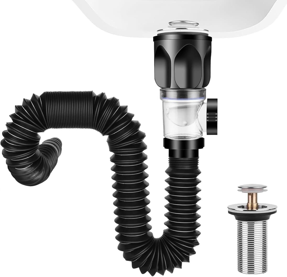Afvoerset Voor Wastafel | Uitbreidbaar 300-1000mm Sifon | Flexibele Afvoer Met Intrekbaar Filterstop | Zwart | Universeel Voor Badkamer En Keuken | Geurafdicht | Lekvrij | Eenvoudig Te Installeren | Cyslmuk® — afbeelding 1