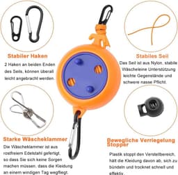 Cosensi- Waslijn Uittrekbaar 10 m - Waslijn met 10 Gespen - Winddichte Wasknijpers - Camping/Outdoor - Draagbaar - Robuust Materiaal - Reiswaaslijn — thumbnail 4