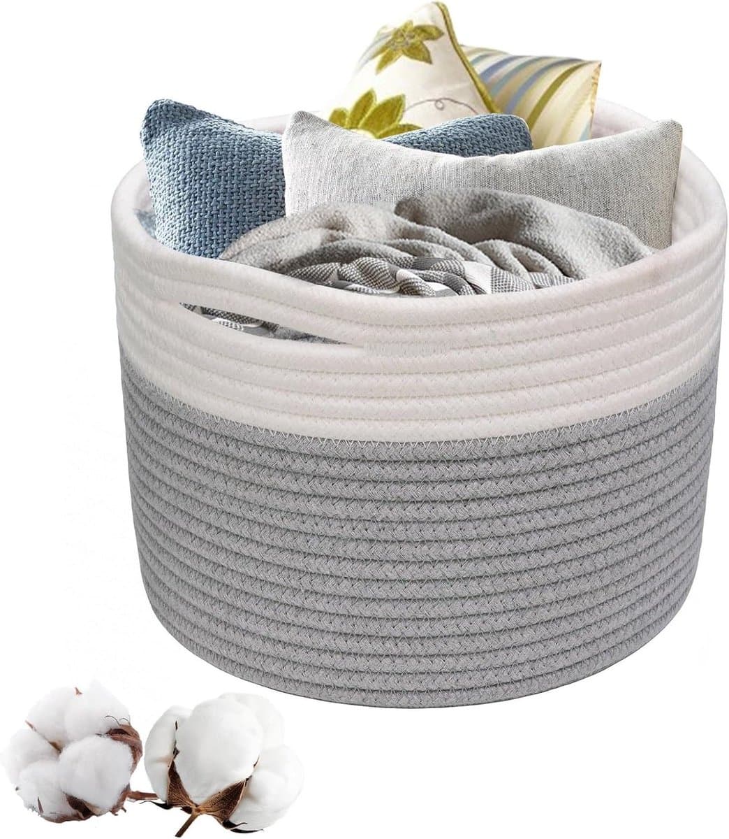 Woven Laundry Basket with Handles - Stackable Storage for Clothes, Toys - 21 x 21 cm (Grey & White) — afbeelding 1