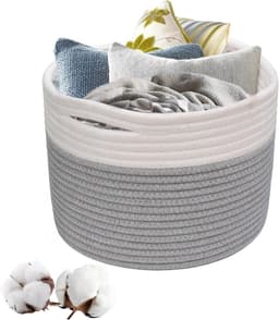 Woven Laundry Basket with Handles - Stackable Storage for Clothes, Toys - 21 x 21 cm (Grey & White) — thumbnail 1