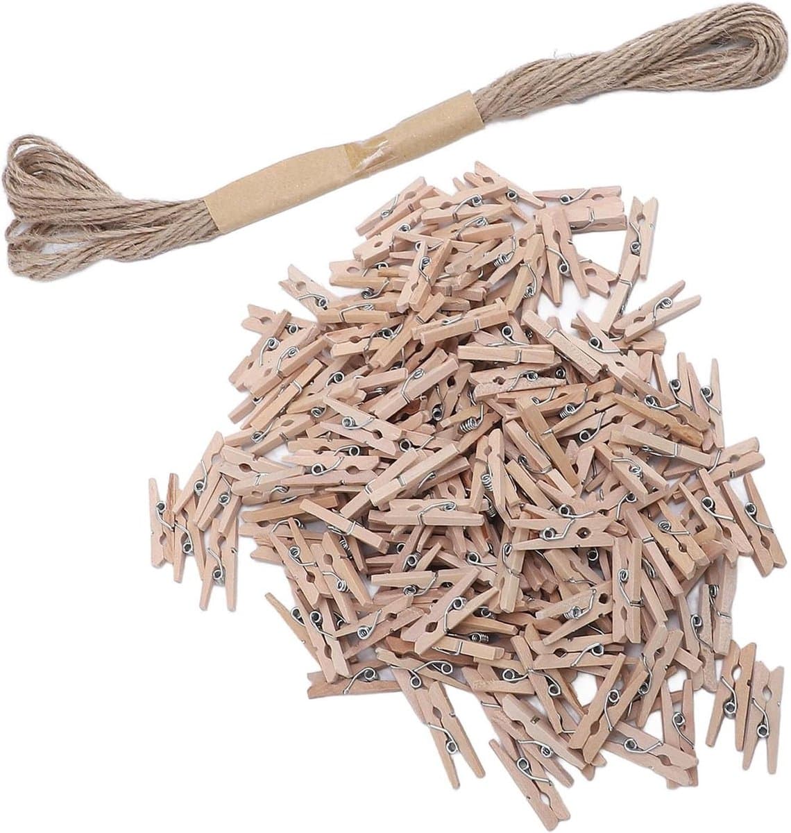 Houten Knijpers - Mini Clips - Foto Ophangen - Natuurlijke Grenen Constructie - 200 Stuks - Houtkleur — afbeelding 1