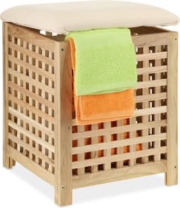 Stabiele wasmand met zitting - multifunctioneel - 1 stuk - walnotenhout — thumbnail 1