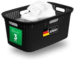 Novaliv 3-pack rotan wasmand met 4 handgrepen 40L zwart, wasboxset wasemmer wascontainer voor badkamerwas vuile was, wasmanden huishoudelijke accessoires wasmandverzamelaar