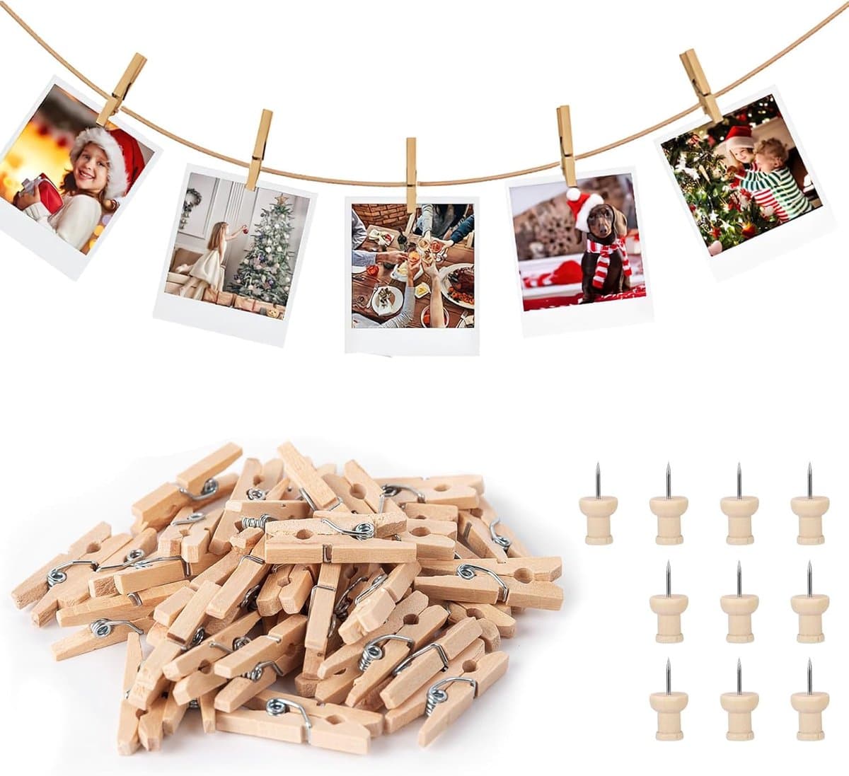 Mini Houten Wasknijpers - Set van 160 Stuks met Touw voor Decoratie en Fotohangers — afbeelding 1