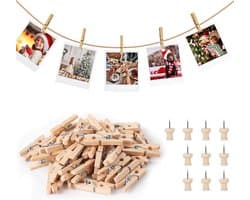 Mini Houten Wasknijpers - Set van 160 Stuks met Touw voor Decoratie en Fotohangers