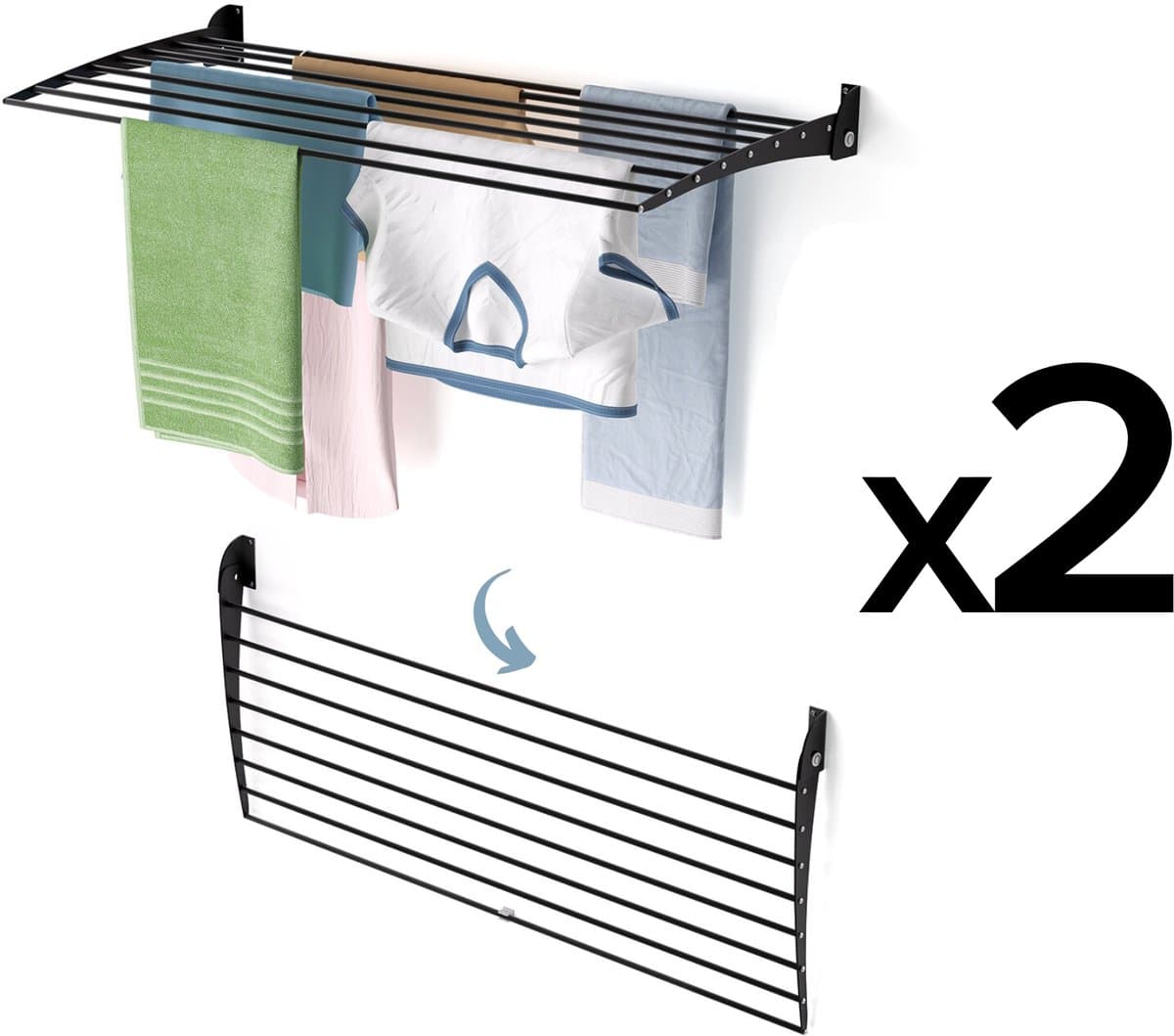 2x Foxydry Fold 116 cm DOWN - black - wasdroogrek wandmontage clicksysteem - neerwaartse sluiting - 116 x 50 x 10 cm — afbeelding 1