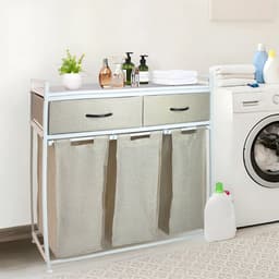 Casayali® TrioSort Wasmanden 150 Liter - Wasmand 3 Vakken - Uitschuifbare Wassorteerder met Laden - Crème — thumbnail 4