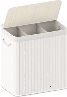 Organess wasmand 3 vakken - Wassorteerder - Wasmand met deksel - Opvouwbaar - 150L - Witte bamboe — thumbnail 1
