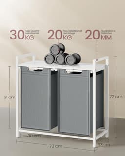 Hoppa! - Wasmand - 2 compartimenten, uittrekbare en verwijderbare waszakken - Metalen frame - 2 x 46 L - Wit & lichtgrijs — thumbnail 5