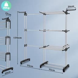 Droogrek toren met 4 etages en inklapbare vleugels - Uitschuifbaar van 75-150 cm, ruimtebesparend wasdroger met 360° draaibare wielen — thumbnail 3