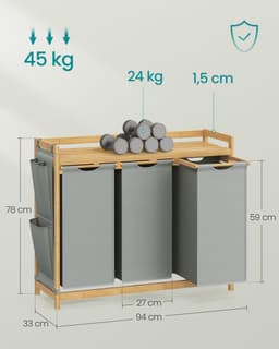 SONGMICS RLH115G01 - Wasmand met 3 Vakken - Bamboe - 150L Capaciteit - Met Opbergrek — thumbnail 2