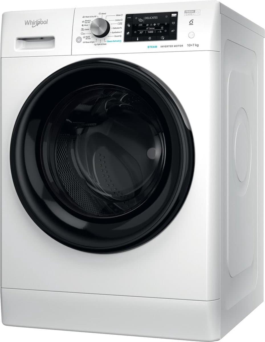 Whirlpool FFWDD1076258B - Was-droogcombinatie - Voorbelading - Vrijstaand - Wit - Links - Zwart - Knoppen - Draaiknop — afbeelding 1