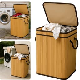 Cheqo® Bamboe Wasmand - Wasmand met Deksel - Uitneembare Wasbare Binnenzak - 72 Liter - Natuurlijk Bruin - Klapdeksel - Wasmand 1 Vak — thumbnail 1